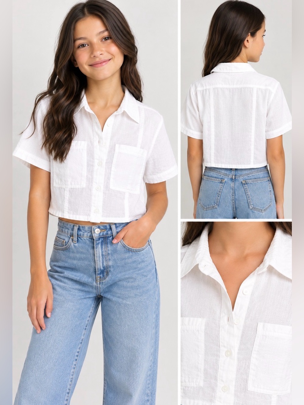 ZARA Girls 9-10 White Cropped Button Up Shirt Modal Short Sleeve
